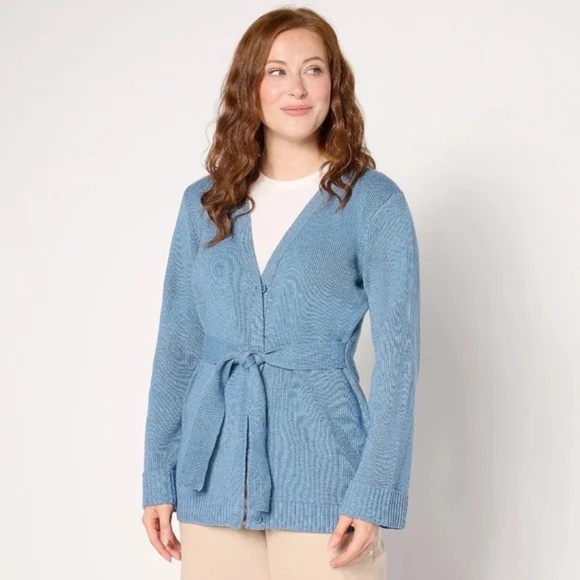 Diane Von Furstenberg Sweaters - Diane von Furstenberg Sz L Belted Blue Stretch Cardigan Pockets Long Sleeve